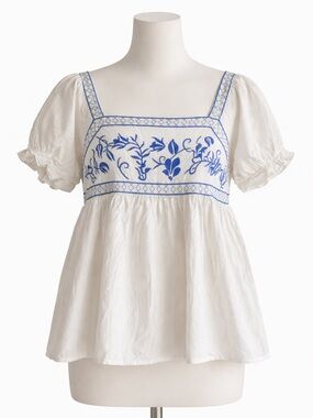 White Blue Embroidered Boho Peasant Blouse M Cotton Greek Indie Hippie Top